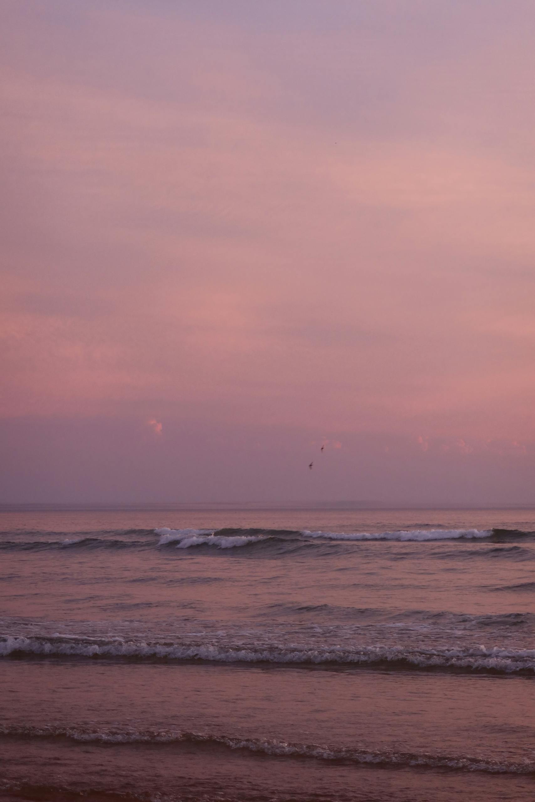 Peaceful pink sunset at Lacanau beach in Nouvelle-Aquitaine, France, capturing waves and serene atmosphere.